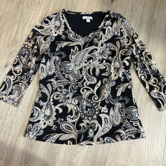 Croft & Barrow Black Beige Paisley Blouse 3/4 Sleeve Sz S Classic Boho Stretch - Picture 3 of 10